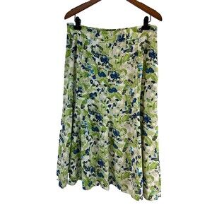 Christopher Banks Linen Blend Midi Skirt Flare Blue Green Floral Zip Womens 14